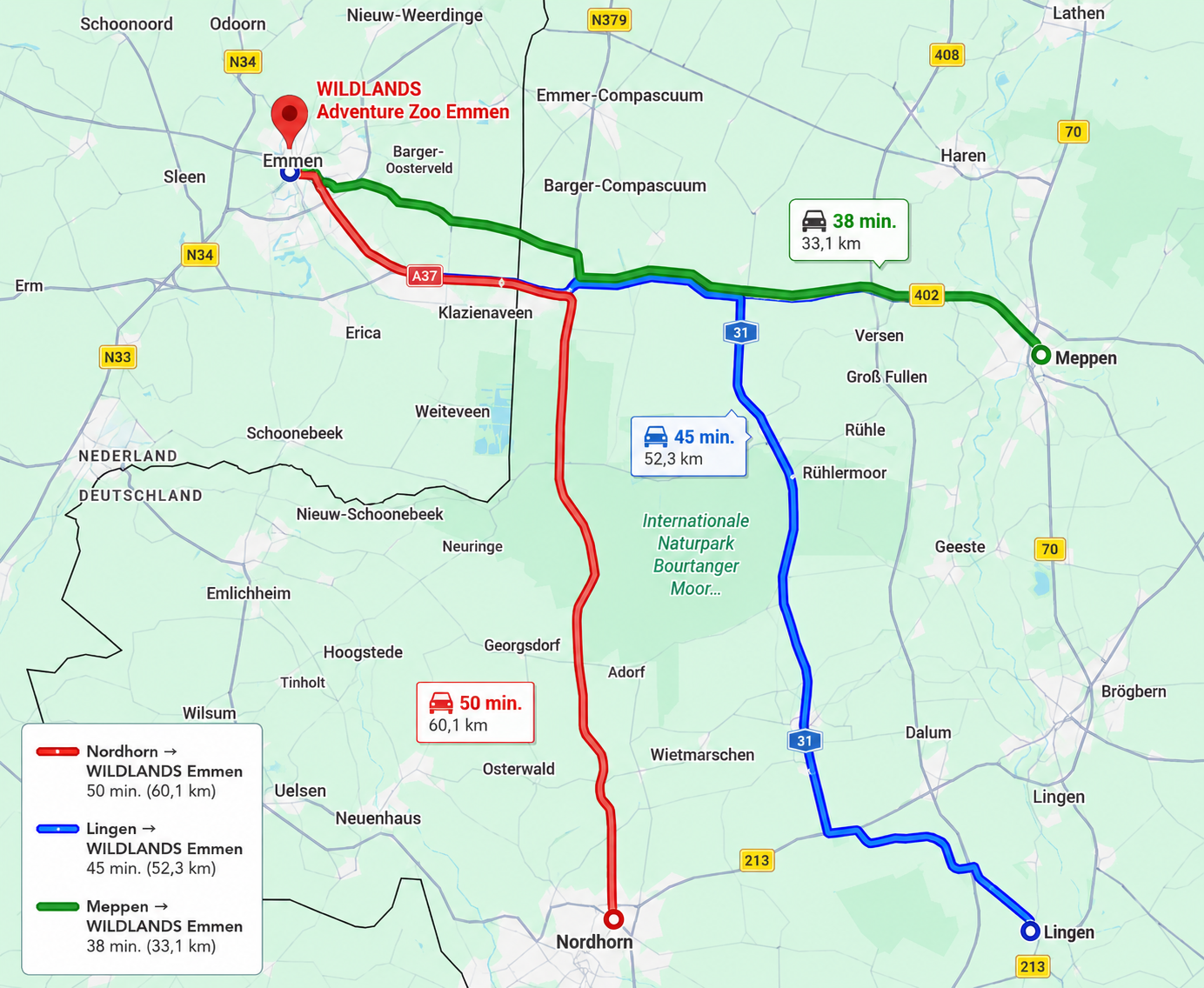Autoroutes naar WILDLANDS Adventure Zoo Emmen vanuit Nordhorn, Lingen en Meppen